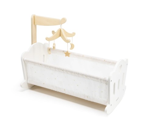 drewniana kołyska dla lalek, łóżeczko dla lalek, białe z karuzelą
