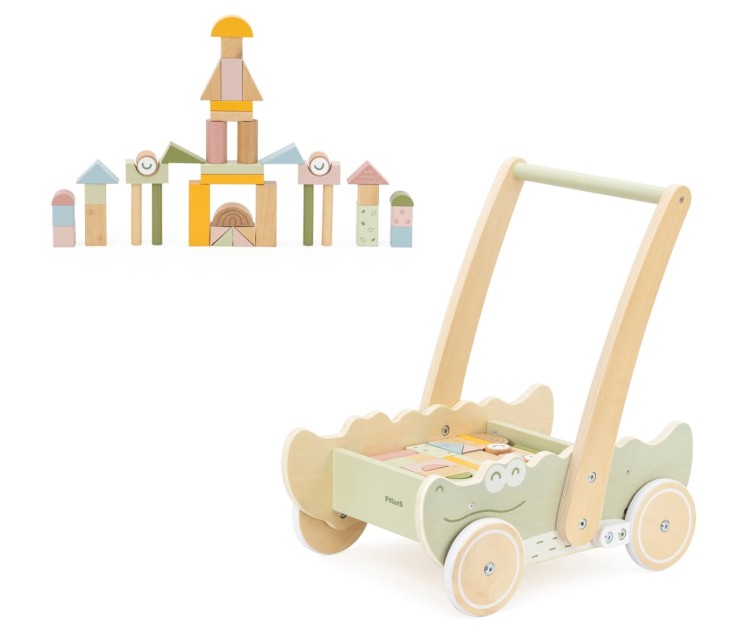 Drewniany pchacz krokodyl PolarB – stabilny chodzik wspierający naukę chodzenia.