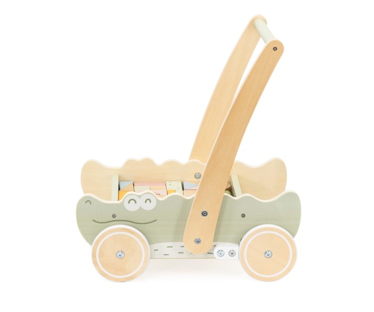 Drewniany pchacz krokodyl PolarB – stabilny chodzik wspierający naukę chodzenia z klockami