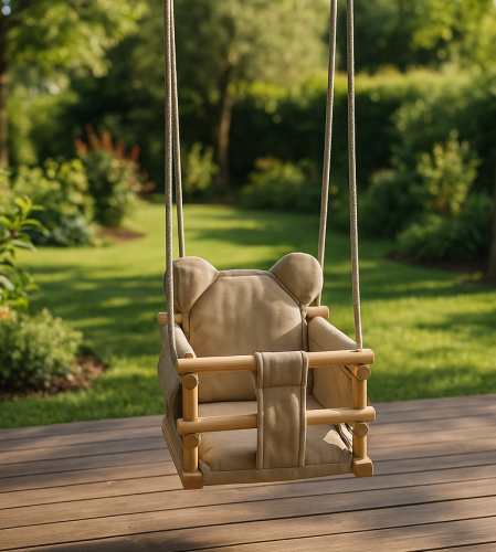 huśtawka welurowa dla dzieci z zabezpieczeniem beżowa miś