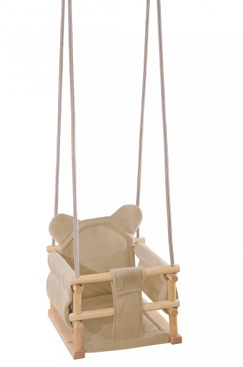 huśtawka welurowa dla dzieci z zabezpieczeniem beżowa miś w pokoju dla najmłodszych bezpieczna limitowana wersja