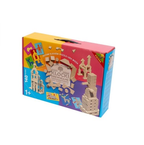 drewniane naturalne klocki w różnych kształtach dla chłopca i dziewczynki w pudełku