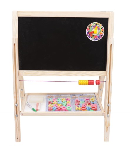Drewniana tablica edukacyjna 2w1 z regulacją wysokości – tablica kredowa i magnetyczna dla dzieci.