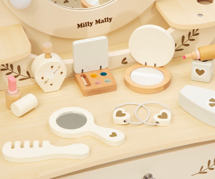 Zestaw Elly – drewniana toaletka z pastelowymi elementami i LED.