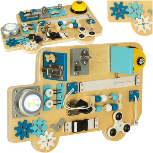 Tablica manipulacyjna sensoryczna LULILO BUSO dla dzieci 12m+. Edukacyjna zabawka wspierająca rozwój motoryki małej i koncentracji.