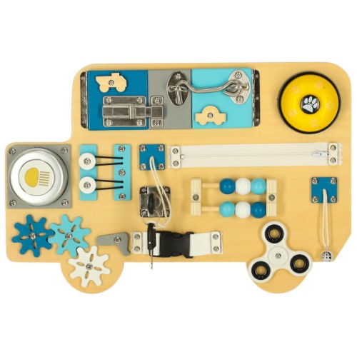 Drewniana tablica manipulacyjna LULILO BUSO z elementami sensorycznymi do codziennej nauki przez zabawę.