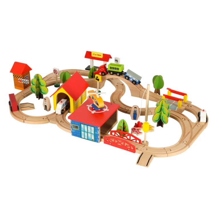 Kolorowe elementy miasta do kolejki drewnianej. Rozwijają wyobraźnię i zabawę tematyczną.