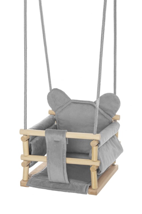 Huśtawka welurowa Miś szara – miękka i bezpieczna huśtawka dla dziecka