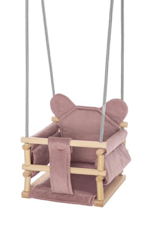 Huśtawka welurowa Miś różowa – miękka i bezpieczna huśtawka dla dziecka.