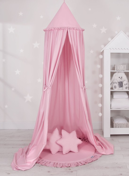 Zestaw baldachim wiszący do pokoju dziecięcego z matą i poduszkami różowy