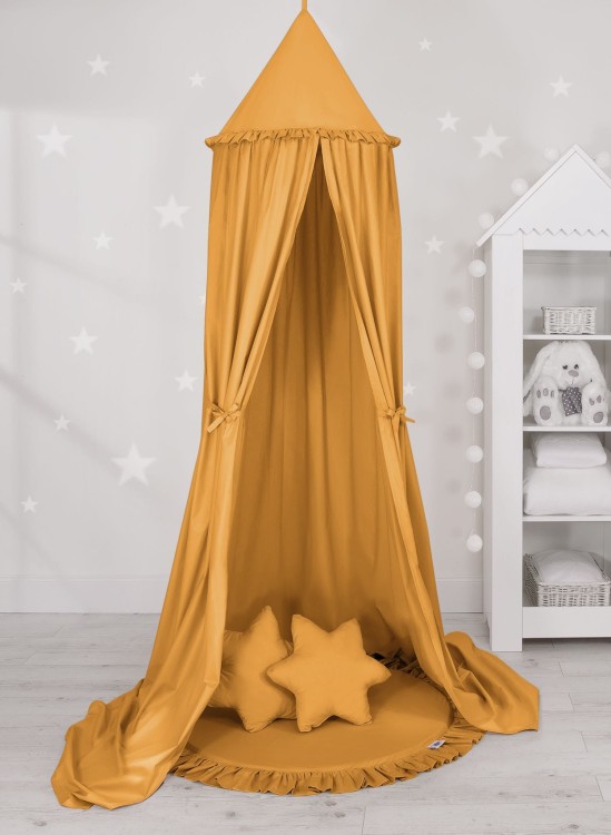 Zestaw baldachim wiszący do pokoju dziecięcego z matą i poduszkami musztardowy