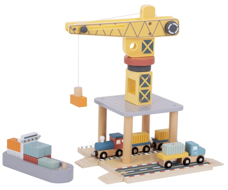 Drewniana morska stacja załadunkowa dla dzieci z żurawiem i pojazdami