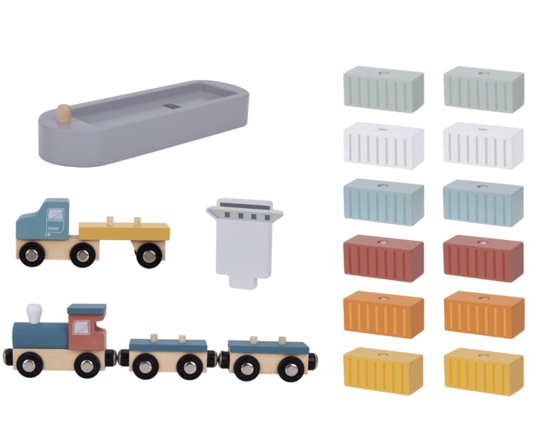 Zabawka edukacyjna morski port – statek, kontenery i dźwig portowy