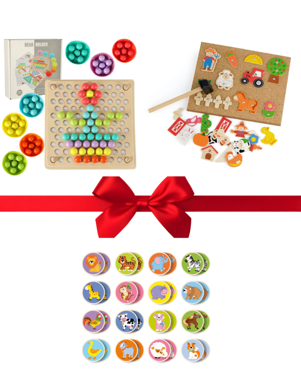 Zestaw edukacyjny 3w1 dla dzieci 3–5 lat – Montessori, Memory, przybijanka