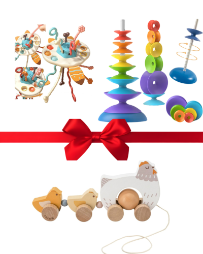 Zestaw edukacyjny 3w1 dla niemowląt 0–12 msc – sensoryczny lis, piramidka, kurka