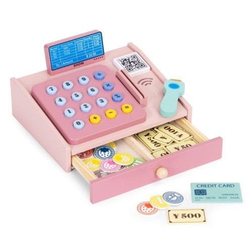 Drewniana kasa fiskalna dla dzieci z banknotami i monetami