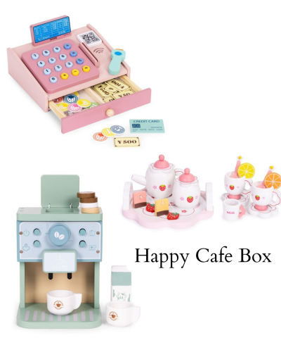 Zestaw Happy Cafe Box – drewniana kasa, ekspres do kawy i zestaw do herbaty